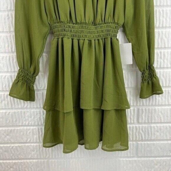 Show Me Your MuMu Dress Green Esmerelda Off The shoulder Mini Chiffon Tiered - Picture 6 of 9